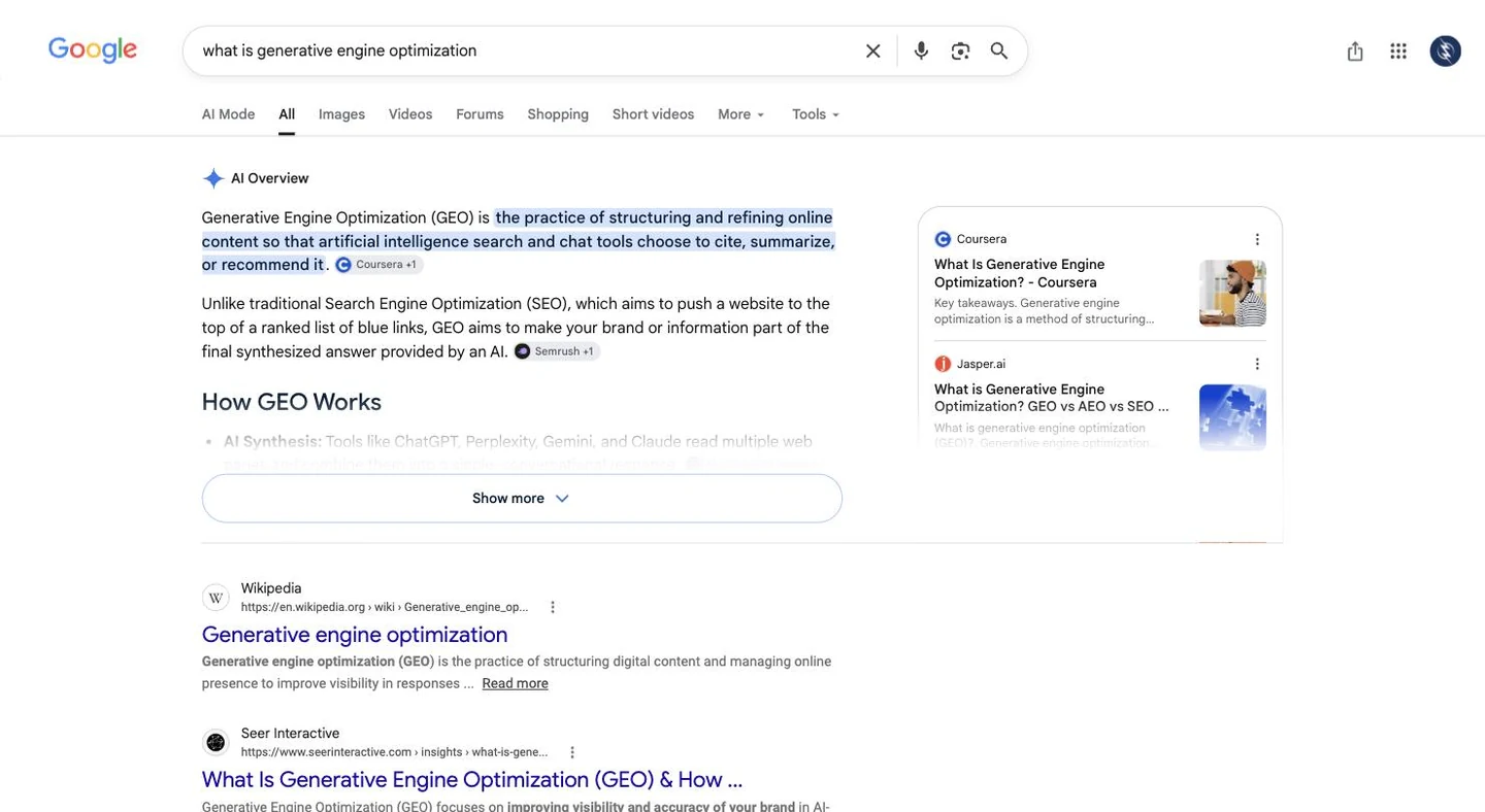 Google AI Overview defining generative engine optimization with cited publisher sources