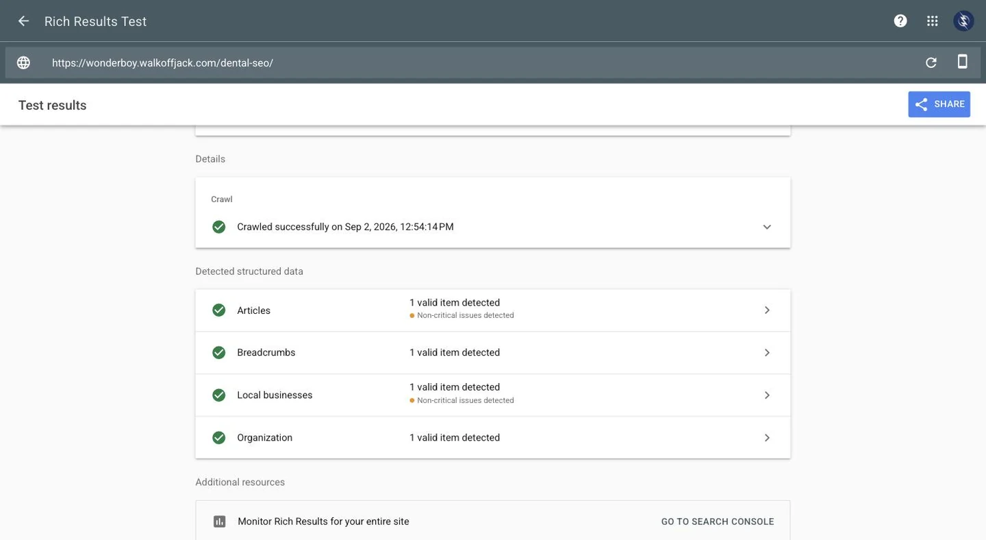 Google Rich Results Test confirming four valid structured data items on a service page