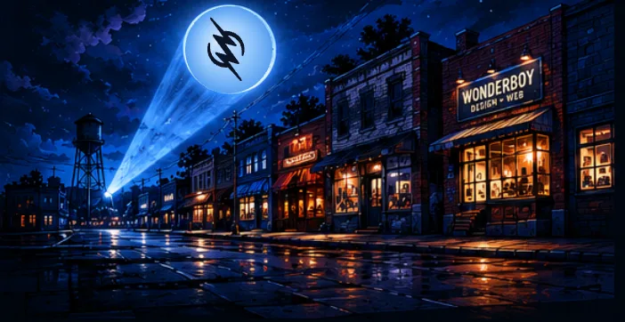 Wonderboy signal over a small-town main street at night