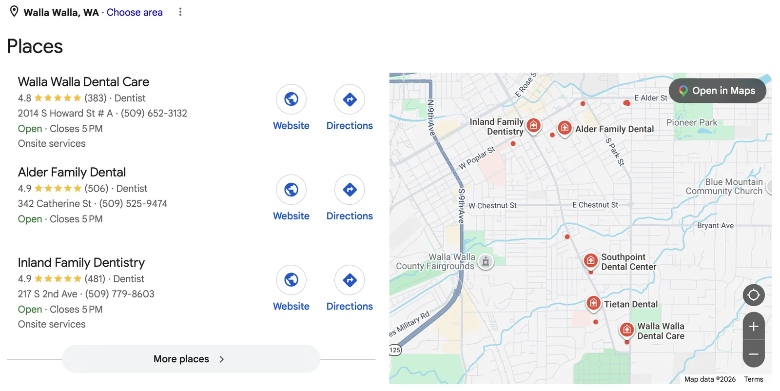 Google map pack showing three dental practices above the organic results