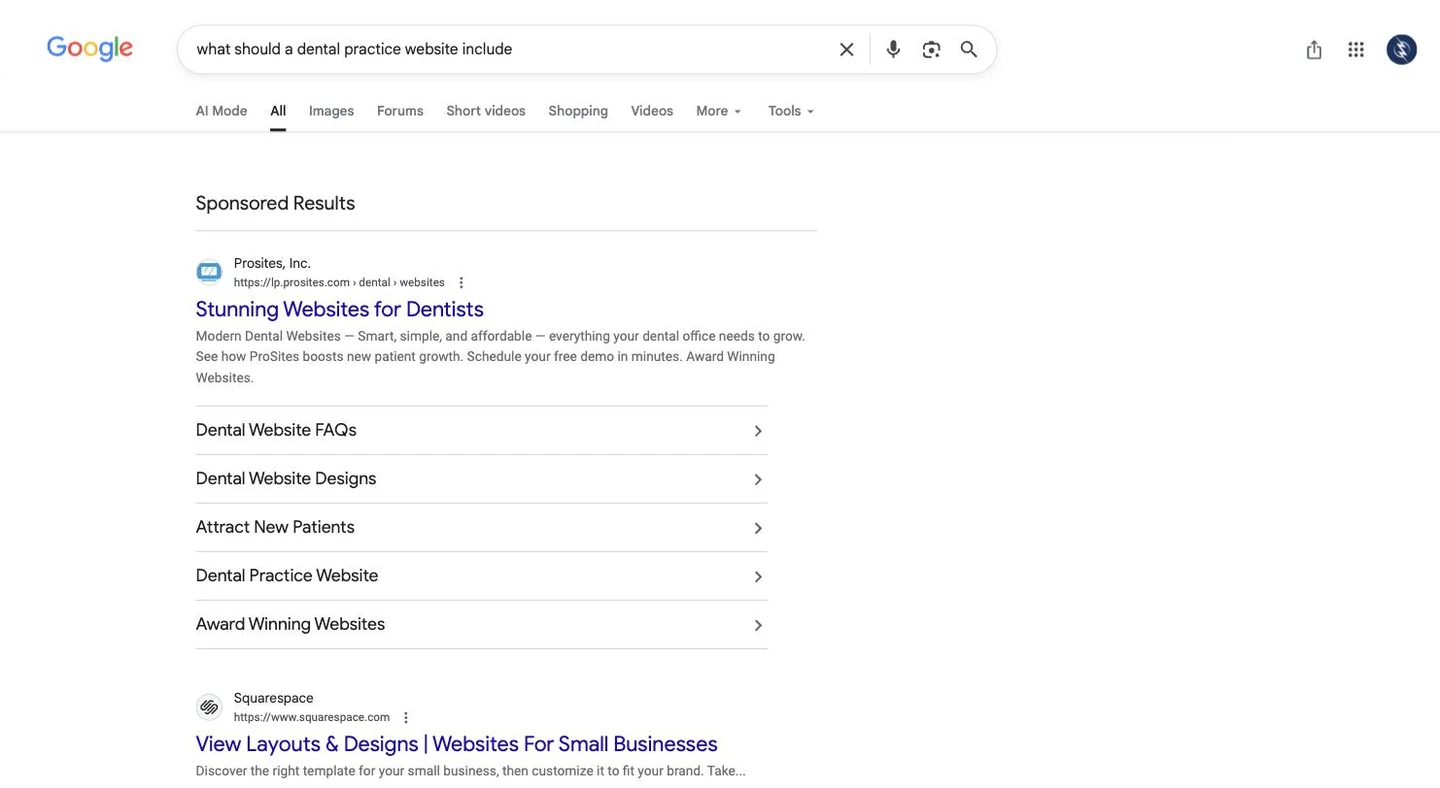 Sponsored ads from dental website template vendors selling hosted practice sites