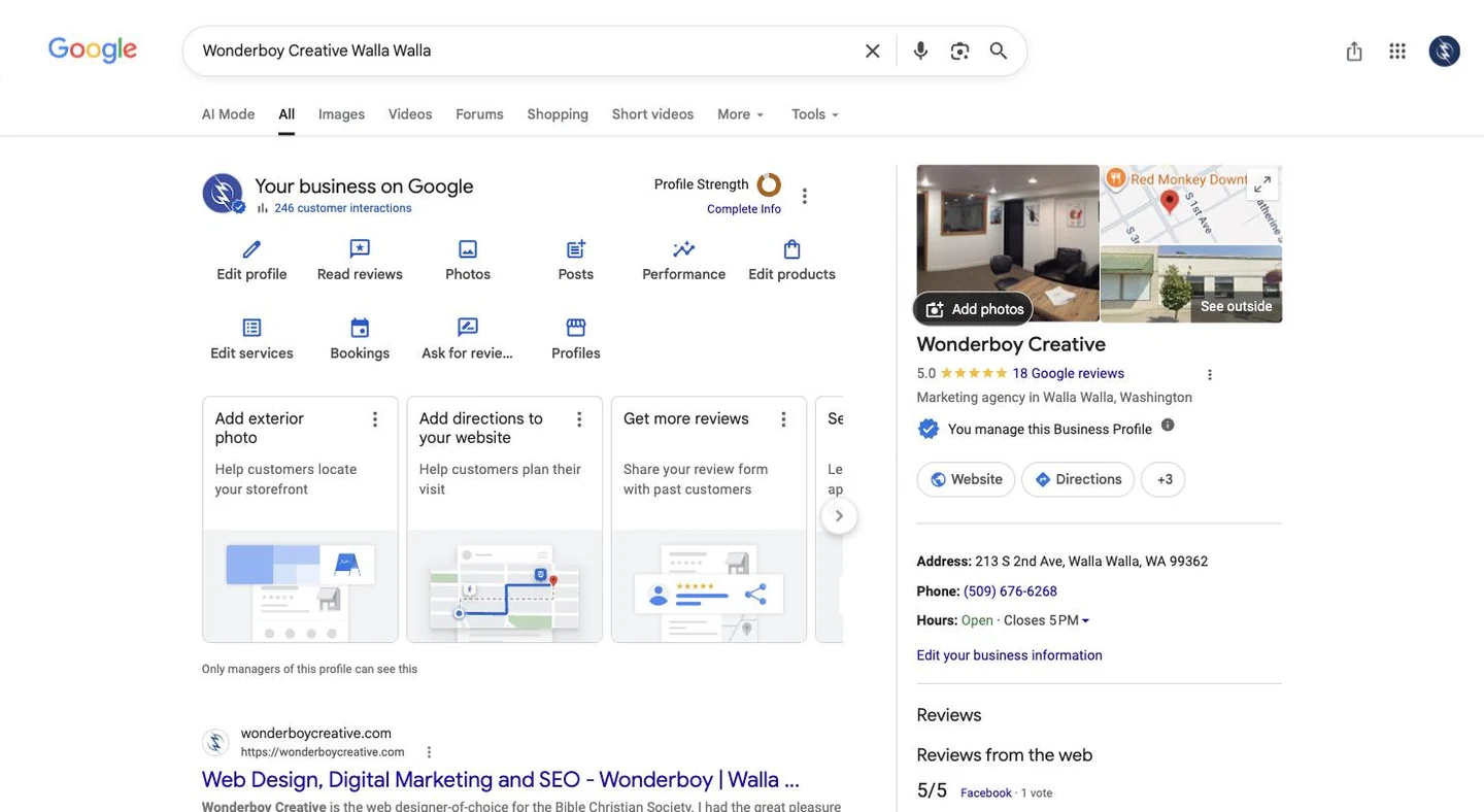 Google Business Profile panel showing a five star rating and the marketing agency category