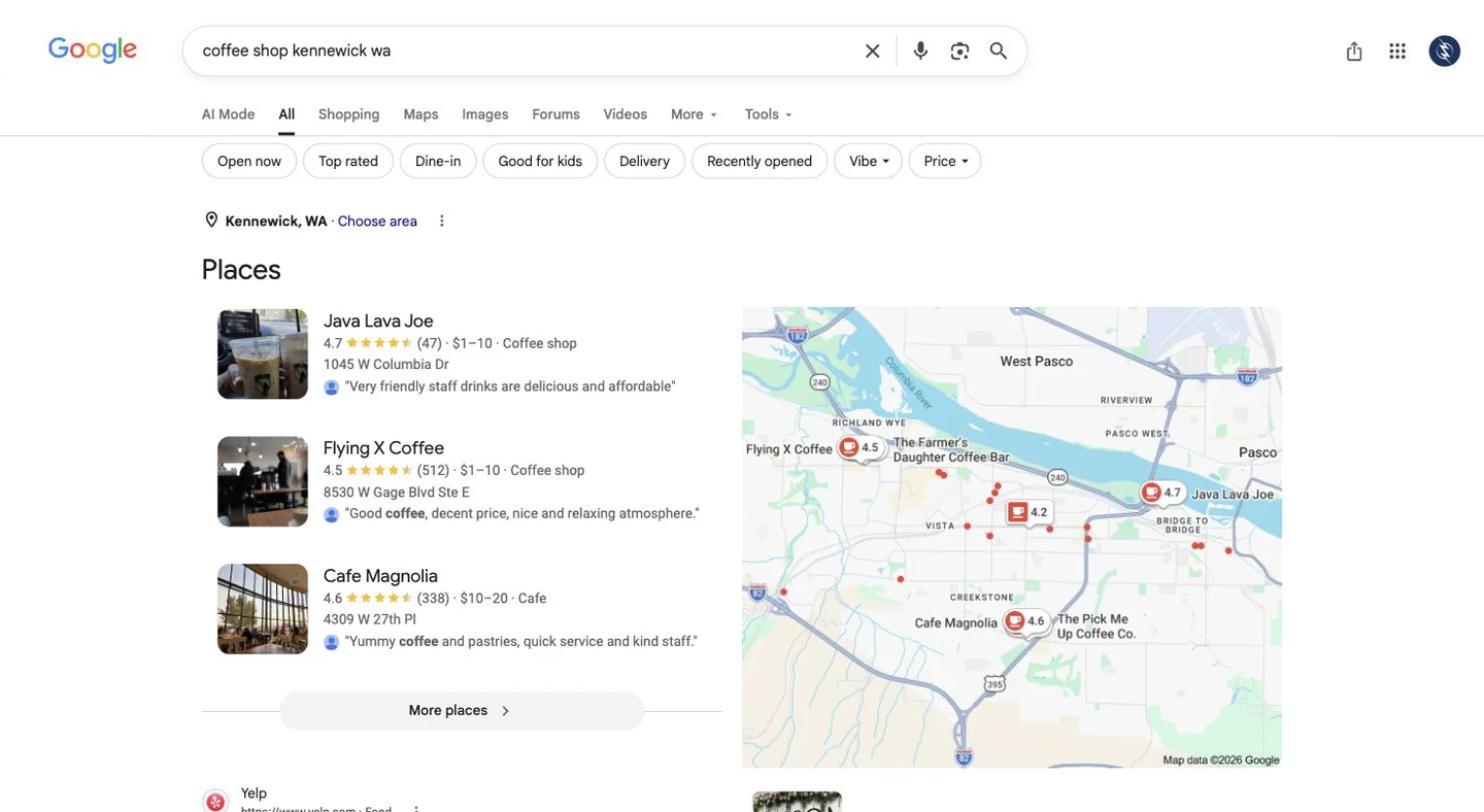 Google map pack for coffee shop Kennewick with ratings, price range and map pins