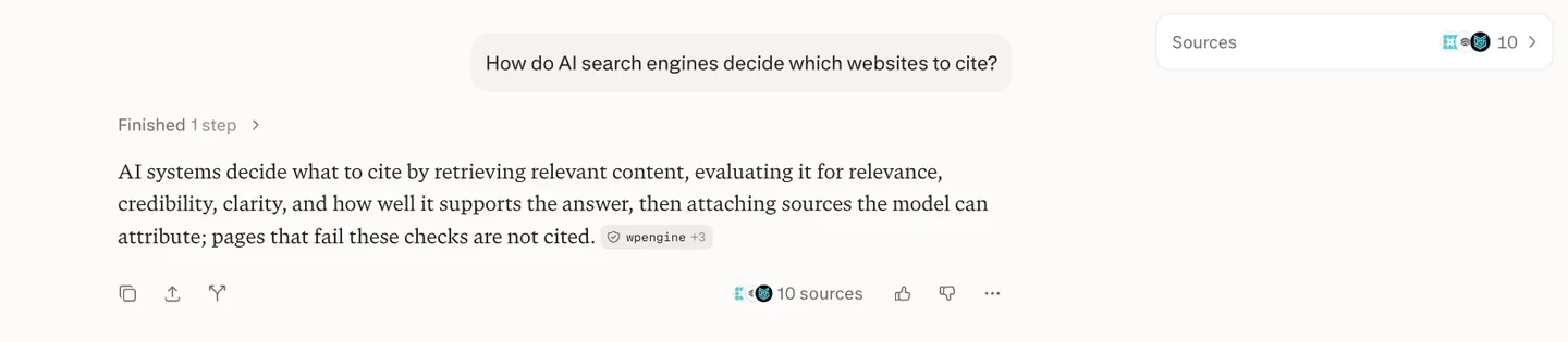 Perplexity answer explaining how AI systems choose which pages to cite, ten sources
