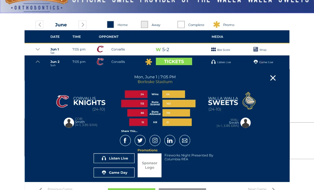 Sweets website schedule page