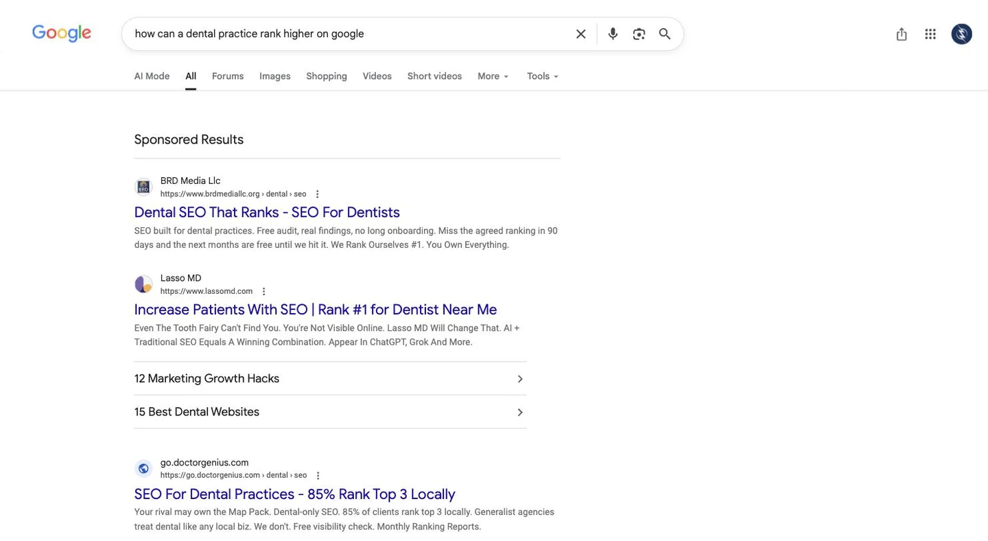 Sponsored ads from dental SEO agencies promising top three local rankings