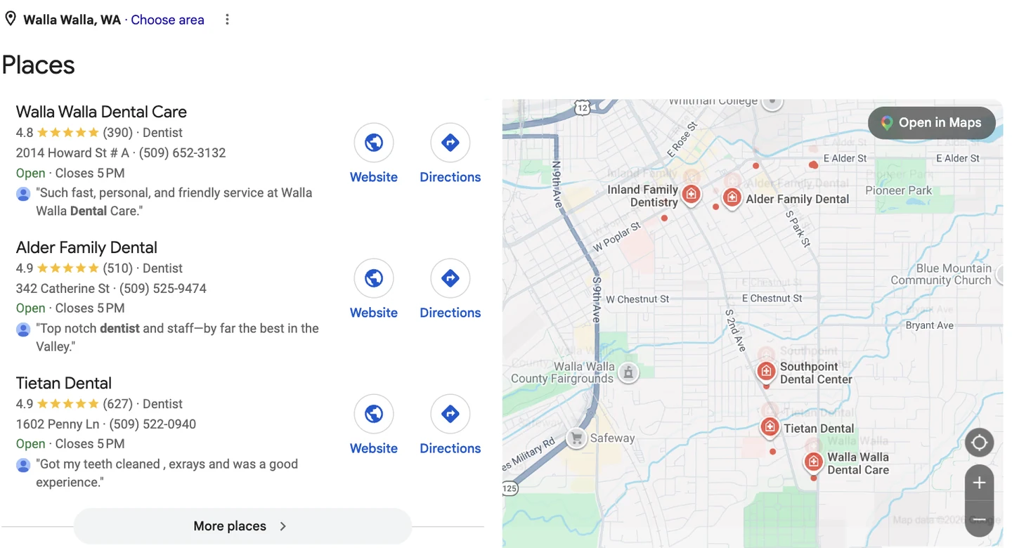 Google map pack for dentist Walla Walla showing three practices with review counts
