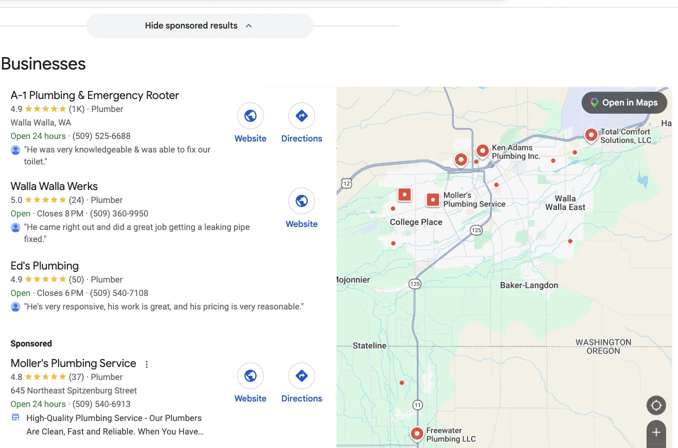 Google results for plumber Walla Walla showing a sponsored listing above the map pack