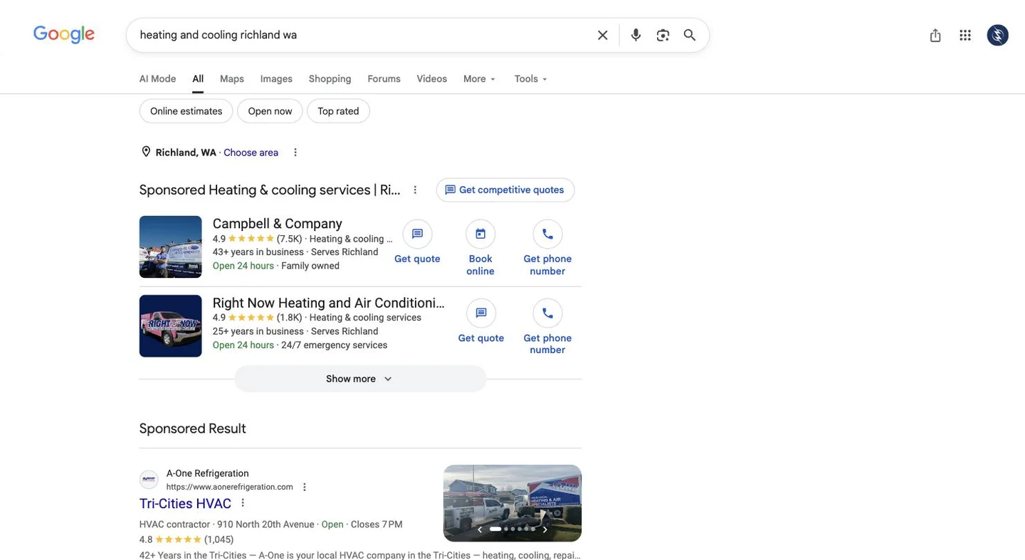 Google Local Services ads for a Richland trade search above the organic results