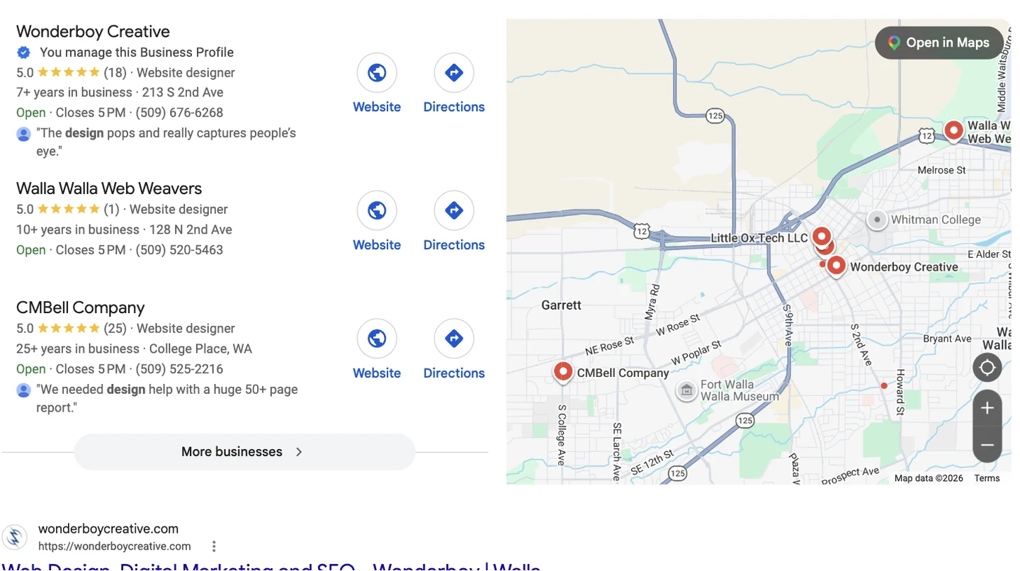 Google map pack for web design Walla Walla with Wonderboy Creative ranked first