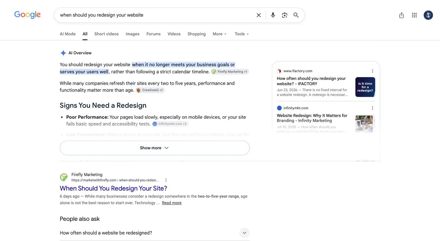 Google AI Overview listing the signs a website needs a redesign, with cited sources