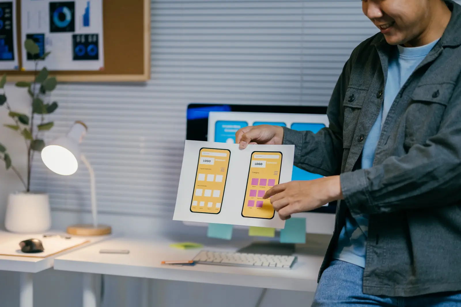 A designer holding two phone layouts side by side beside a monitor showing a page in progress