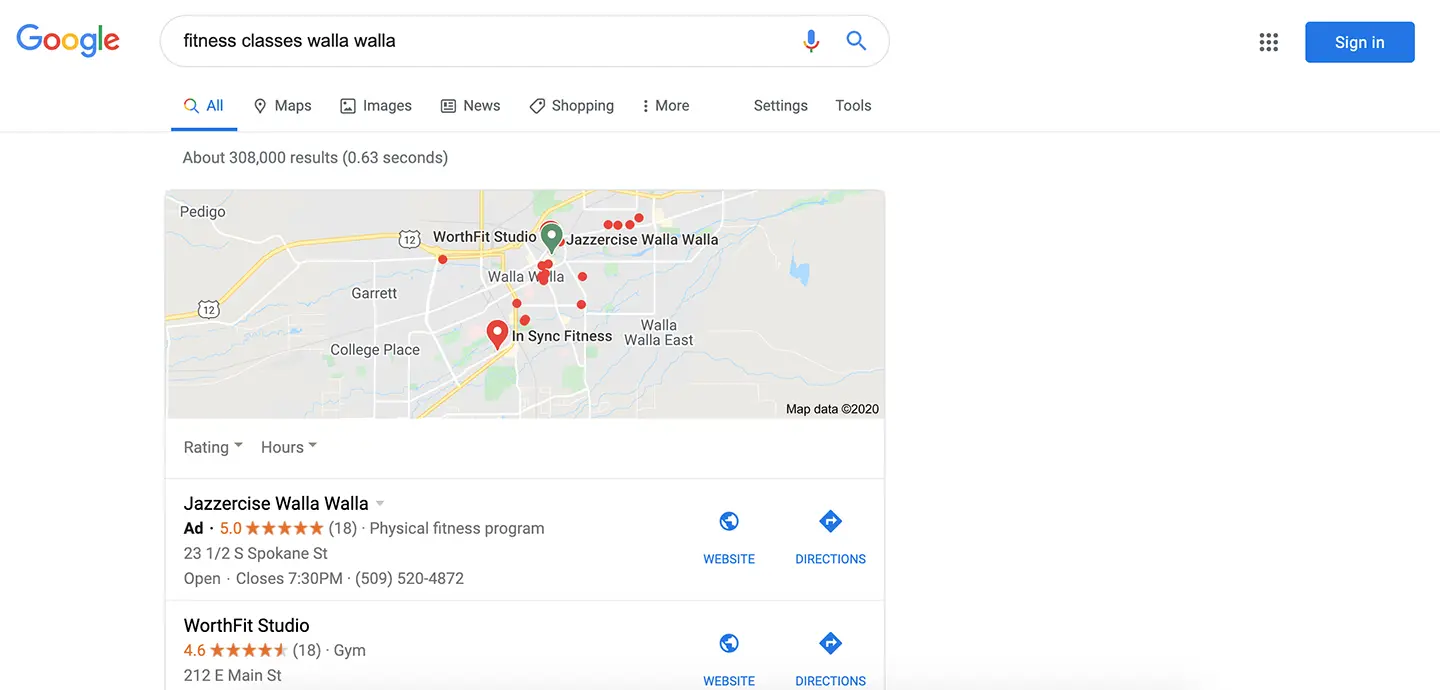 Google results for fitness classes Walla Walla, showing a map of local studios above the listings