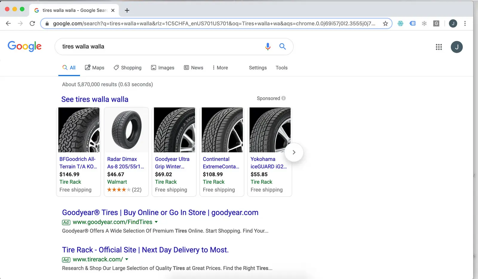 Google results for the search tires Walla Walla, showing shopping ads and paid listings above the local results