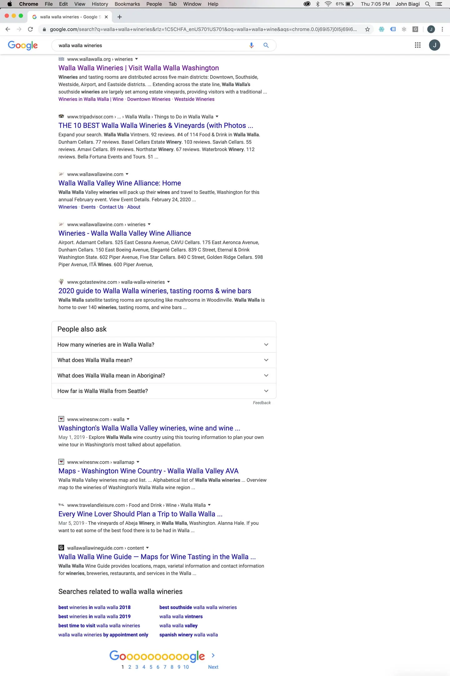 Google results for Walla Walla wineries, filled with directories and magazine articles rather than winery websites